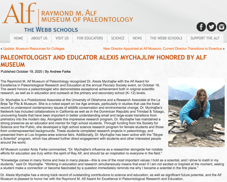 Oct 2020: Alexis received the Alf Award for Excellence in Paleontological Research and Education.