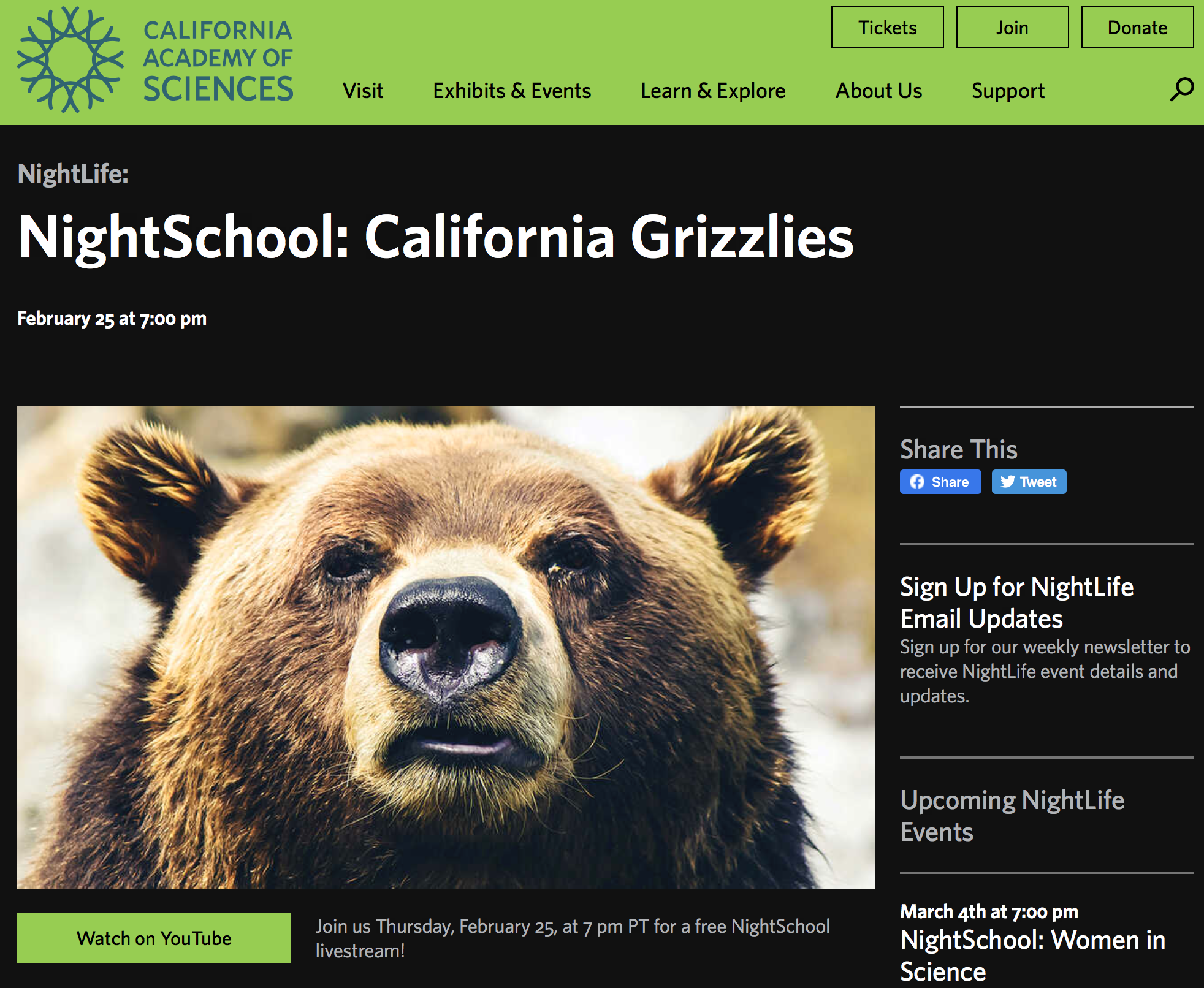 Alexis was a featured speaker as part of the California Academy of Science's NightSchool on the topic of California grizzly bears.
